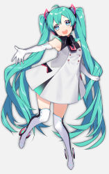 1girl :d absurdres ahoge aqua_hair blue_eyes blush boots breasts collared_dress commentary_request dress elbow_gloves gloves grey_background grey_dress hair_between_eyes hair_ornament hatsune_miku head_tilt headphones headset highres long_hair looking_at_viewer open_mouth outstretched_arm pleated_dress round_teeth simple_background sleeveless sleeveless_dress small_breasts smile sogawa solo teeth thigh_boots thighhighs upper_teeth_only very_long_hair vocaloid white_footwear white_gloves white_thighhighs zipper_pull_tab