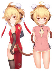 Rule 34 | 1girl, :d, ahoge, andira (granblue fantasy), animal ears, bare shoulders, black gloves, blonde hair, blush, bun cover, china dress, chinese clothes, cleavage cutout, clothing cutout, double bun, dress, elbow gloves, erune, gloves, granblue fantasy, hair bun, kimblee, looking at viewer, monkey ears, monkey girl, monkey tail, multiple views, open mouth, pelvic curtain, red dress, side slit, simple background, smile, tail, thighhighs, white background