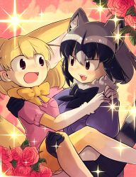 Rule 34 | 10s, 2girls, :d, animal ears, arm around shoulder, black gloves, black hair, black neckwear, blonde hair, bow, bowtie, breast pocket, carrying, common raccoon (kemono friends), extra ears, eye contact, fang, fennec (kemono friends), flower, fox ears, fur collar, gloves, green eyes, hair between eyes, hands on another&#039;s shoulder, highres, ino (tellu0120), kemono friends, leg hold, looking at another, multicolored hair, multiple girls, open mouth, pocket, princess carry, raccoon ears, raccoon tail, rose, short hair, short sleeves, smile, sparkle, tail, thighhighs, yellow legwear, yellow neckwear