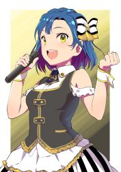 Rule 34 | 10s, 1girl, bad id, bad twitter id, black vest, blue hair, bow, bracelet, clenched hand, hair bow, holding, holding microphone, idolmaster, idolmaster million live!, inactive account, jewelry, looking at viewer, microphone, music, nanao yuriko, necktie, open mouth, parfait noir (idolmaster), pettan p, singing, smile, solo, upper body, vest, yellow eyes
