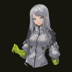 Rule 34 | 1girl, absurdres, bad id, bad pixiv id, black background, blue eyes, cancell, cardigan, closed mouth, cropped torso, earrings, gloves, green gloves, grey cardigan, highres, jewelry, long hair, long sleeves, looking at viewer, original, silver hair, simple background, solo, swept bangs