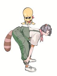 Rule 34 | 1boy, 1girl, :3, animal ears, animal nose, bald, bandana, bent over, black eyes, briefs, colored skin, from side, full body, green overalls, grey eyes, grey hair, height difference, highres, holding own leg, jumping, layered shirt, leaf, leaf on head, leap frog, looking to the side, male underwear, mode aim, orange shirt, orange socks, parted lips, peanuts-kun, pink bandana, ponpoko (vtuber), raccoon ears, raccoon girl, raccoon tail, red bandana, sawaya ( 0030y), shirt, shoes, short hair, short sleeves, sneakers, socks, tail, underwear, underwear only, virtual youtuber, white footwear, white shirt, yellow skin
