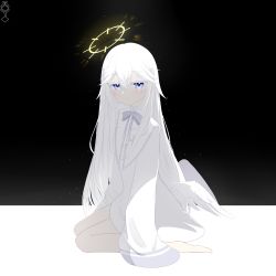 Rule 34 | 1girl, absurdres, ahoge, angel, black background, blue eyes, closed mouth, colored eyelashes, feathered wings, hair between eyes, halo, highres, indie virtual youtuber, koyo, long hair, long sleeves, mashiro rei, neck ribbon, on floor, ribbon, sleeves past fingers, sleeves past wrists, solo, virtual youtuber, white hair, white theme, wings