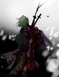 Rule 34 | 2others, adagumo no saragimaru, androgynous, bad id, bad twitter id, black hair, black sleeves, blood, bloody weapon, capelet, death, detached sleeves, facing away, green hair, highres, impaled, injury, jacket, japanese clothes, len&#039;en, multiple others, naginata, polearm, purple jacket, shitodo kuroji, snake tail, snowing, sword, tail, torn clothes, weapon, yoiame
