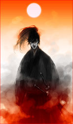 Rule 34 | bad id, bad pixiv id, black hair, fog, japanese clothes, katana, kimono, kodachi, kumo nokai, male focus, moon, ponytail, short sword, solo, sword, weapon