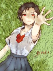 Rule 34 | arm up, bad id, bad pixiv id, black hair, black skirt, blood+, bow, bowtie, breasts, closed mouth, collarbone, commentary, copyright name, dress shirt, eyelashes, foreshortening, grass, light smile, looking at viewer, looking up, lying, medium breasts, on back, on grass, otonashi saya, pleated skirt, pocket, reaching, reaching towards viewer, red bow, red bowtie, red eyes, red ribbon, ribbon, ririko deluxe, shade, shirt, short hair, short sleeves, skirt, solo, swept bangs, upper body, white shirt