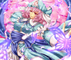 Rule 34 | 1girl, archienemy, bug, butterfly, female focus, ghost, hat, hitodama, bug, japanese clothes, kimono, pink eyes, pink hair, saigyouji yuyuko, short hair, smile, solo, touhou