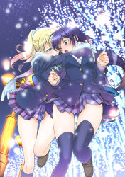 Rule 34 | 10s, 2girls, :o, ayase eli, black hair, blonde hair, blue eyes, blush, breasts, green eyes, hair ornament, hug, hug from behind, lamppost, large breasts, loafers, long hair, looking back, love live!, love live! school idol project, multiple girls, night, no panties, open mouth, parted lips, ponytail, scarf, school uniform, shoes, skirt, sky, smile, star (sky), starry sky, takano saku, thigh gap, thighhighs, thighs, tojo nozomi, yuri, zettai ryouiki