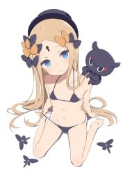 Rule 34 | 1girl, abigail williams (fate), bare shoulders, bikini, black bikini, black bow, black headwear, blonde hair, blue eyes, blush, bow, breasts, collarbone, fate/grand order, fate (series), forehead, gamuo, hair bow, hat, keyhole, long hair, looking at viewer, multiple hair bows, navel, octopus, open mouth, orange bow, parted bangs, polka dot, polka dot bow, sitting, small breasts, swimsuit, tokitarou (fate), wariza