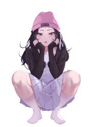 Rule 34 | 1girl, absurdres, beanie, black hair, blush, collarbone, dress, feet, full body, ghhoward, gradient legwear, grey dress, hands on own cheeks, hands on own face, hands up, hat, head rest, highres, long hair, open mouth, original, parted bangs, piercing, pink eyes, pink hat, pink socks, pleated dress, ribbed socks, sleeves past wrists, socks, solo, squatting, teeth, transparent background, upper teeth only, white socks