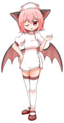 Rule 34 | 1girl, ;3, ;d, animal ears, bad id, bad pixiv id, bat ears, bat wings, blush, breasts, brown footwear, brown wings, commentary request, dress, full body, hair between eyes, hand up, hat, highres, mary janes, medium breasts, noai nioshi, nurse, one eye closed, open mouth, original, pink hair, puffy short sleeves, puffy sleeves, shoes, short sleeves, simple background, smile, solo, standing, thighhighs, white background, white dress, white hat, white thighhighs, wings