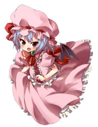 Rule 34 | 1girl, bat wings, blue hair, fang, female focus, hama chon, hat, red eyes, remilia scarlet, short hair, simple background, skirt, solo, tears, touhou, white background, wings