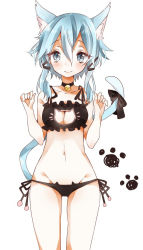 Rule 34 | 10s, 1girl, animal ears, bad id, bad pixiv id, bell, blue eyes, blue hair, blush, breasts, cat cutout, cat ear panties, cat ears, cat lingerie, cat tail, chima (fusigiko), cleavage, cleavage cutout, clothing cutout, jingle bell, looking at viewer, matching hair/eyes, meme attire, navel, panties, short hair, side-tie panties, sinon, sinon (sao-alo), smile, solo, sword art online, tail, underwear