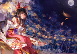 Rule 34 | 1girl, alternate costume, bare shoulders, black hair, bow, detached sleeves, floral print, forest, full moon, hair bow, hair tubes, hakurei reimu, japanese clothes, kimono, leaf, long sleeves, moon, nature, night, obi, petals, red eyes, sash, sitting, sky, solo, tg, touhou, wide sleeves