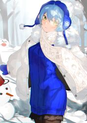 Rule 34 | 1girl, angela (project moon), black skirt, blue dress, blue gloves, blue hair, dress, gloves, hamelon310, hat, highres, library of ruina, long sleeves, looking at viewer, mittens, project moon, punishing bird, scarf, short hair, skirt, smile, snow, snowman, solo, sweater, sweater dress, white hat, white scarf, yellow eyes