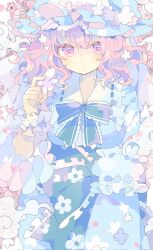 Rule 34 | 1girl, blue hat, blue kimono, cherry blossoms, closed mouth, corrupted twitter file, floral print, flower, frilled kimono, frilled sleeves, frills, hat, highres, japanese clothes, kimono, long sleeves, mob cap, nikorashi-ka, pink eyes, pink flower, pink hair, print kimono, saigyouji yuyuko, short hair, sleeve garter, solo, touhou, upper body, wide sleeves
