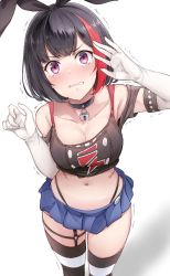 Rule 34 | 1girl, adapted costume, bang dream!, black hair, black neckwear, blue skirt, blush, bow, breasts, choker, cleavage, clenched teeth, commentary, cosplay, crop top, elbow gloves, embarrassed, feet out of frame, from above, garter straps, gloves, hair bow, hairband, highleg, highleg panties, highres, kantai collection, lock, medium breasts, microskirt, mitake ran, multicolored hair, navel, over-kneehighs, panties, panty straps, pleated skirt, purple eyes, shadow, shimakaze (kancolle), shimakaze (kancolle) (cosplay), short hair, skindentation, skirt, sleeveless, solo, standing, stomach, streaked hair, striped clothes, striped thighhighs, suisen toire (moko924), tearing up, tears, teeth, thighhighs, trembling, two-tone hair, underwear, white background, white gloves