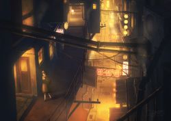 Rule 34 | 1girl, air conditioner, alley, black hair, bob cut, city, coat, commentary request, dark, dated, highres, lantern, loafers, looking to the side, night, onsen symbol, original, outdoors, paper lantern, partial commentary, pleated skirt, pochi (poti1990), power lines, scenery, school uniform, shadow, shoes, short hair, sign, signature, skirt, solo, walking