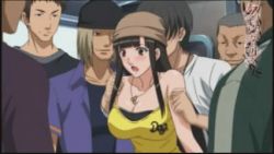 Rule 34 | 1girl, animated, animated gif, assisted exposure, black hair, blush, bouncing breasts, breasts, chikan, crimson girls chikan shihai, embarrassed, jewelry, kuroha mitsu, long hair, lowres, multiple boys, necklace, nipples, open mouth, pendant, surprised, tank top, train, undressing, upper body