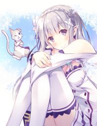 Rule 34 | 1girl, animal, bare shoulders, blush, braid, breasts, cat, cleavage, commentary request, crossed arms, earrings, elf, emilia (re:zero), eyebrows, flower, hugging own legs, itoichi., jewelry, long hair, looking at viewer, medium breasts, necklace, pleated skirt, pointy ears, puck (re:zero), purple eyes, re:zero kara hajimeru isekai seikatsu, revision, silver hair, skirt, smile, thighhighs, white skirt, white thighhighs, zettai ryouiki
