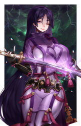 Rule 34 | 1girl, black gloves, bodysuit, border, breast curtain, breasts, closed mouth, commentary, cowboy shot, english commentary, fate/grand order, fate (series), fingerless gloves, glint, gloves, green background, holding, holding sword, holding weapon, katana, large breasts, long hair, looking at viewer, minamoto no raikou (fate), one eye closed, purple bodysuit, purple eyes, purple hair, smile, solo, sword, tassel, terupancake, very long hair, weapon, white border