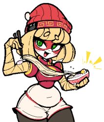 Rule 34 | 1girl, aliasing, alternate color, arms (game), beanie, blonde hair, blush stickers, bowl, breasts, chopsticks, covered navel, cowboy shot, food, gountro, green eyes, hat, looking at viewer, mask, medium breasts, min min (arms), narrow waist, nintendo, noodles, open mouth, pixel art, plump, ramen, shorts, smile, solo