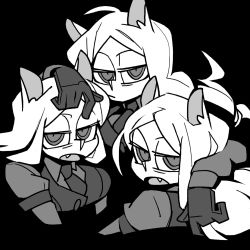 Rule 34 | 3girls, ahoge, animal ears, arm around shoulder, black background, cerberus (helltaker), closed mouth, collared shirt, cropped shoulders, demon girl, dog ears, fang, from side, greyscale, hand on another&#039;s head, helltaker, horns, long hair, looking at viewer, looking to the side, monochrome, monster girl, multiple girls, necktie, open mouth, shirt, simple background, triplets, vanripper
