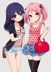 Rule 34 | 10s, 2girls, :o, alternate costume, bag, between breasts, black legwear, blue eyes, blue hair, breasts, casual, collarbone, food print, hair bobbles, hair ornament, handbag, ica, jacket, kantai collection, layered skirt, long hair, multiple girls, parted lips, pink eyes, pink hair, sazanami (kancolle), shirt, short hair, short sleeves, shorts, simple background, skirt, smile, strap between breasts, strawberry print, striped clothes, striped shirt, tank top, thighhighs, twintails, ushio (kancolle)