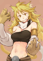 Rule 34 | 10s, 1girl, akame ga kill!, animal ears, animal hands, bandeau, bare shoulders, blonde hair, breasts, detached sleeves, fang, grin, highres, ipponshimeji, large breasts, leone (akame ga kill!), long hair, midriff, navel, scarf, simple background, smile, solo, strapless, tail, teeth, tube top, yellow eyes