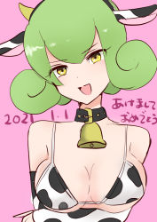 Rule 34 | 1girl, 2021, animal ears, animal print, artist request, bare shoulders, bikini, breast hold, breasts, chinese zodiac, cleavage, cow ears, cow horns, cow print, dated, digimon, digimon story: cyber sleuth, fake animal ears, fake horns, gloves, green hair, horns, kishibe rie, large breasts, open mouth, pink background, print bikini, simple background, smile, solo, swimsuit, translation request, year of the ox, yellow eyes