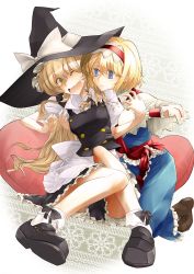 Rule 34 | 2girls, :&lt;, alice margatroid, blonde hair, blue dress, blue eyes, blush, boots, braid, capelet, dress, female focus, hairband, hat, kirisame marisa, laughing, long hair, mary janes, multiple girls, numany, open mouth, ribbon, serious, shoes, short hair, single braid, skirt, tickling, touhou, wavy mouth, wince, witch, witch hat, wrist cuffs, yellow eyes, yuri