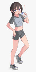 Rule 34 | 1girl, black hair, blue eyes, bottle, full body, grey shirt, grey shorts, hair between eyes, hand on own hip, highres, holding, holding bottle, looking at viewer, midriff, navel, open mouth, original, saiste, shirt, shoes, short sleeves, shorts, simple background, sneakers, solo, t-shirt, water bottle, white background