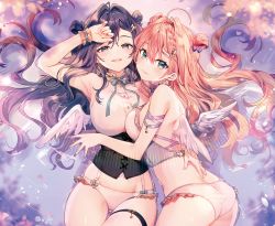 Rule 34 | 2girls, ahoge, angel wings, arm up, armpits, ass, backless outfit, bare arms, bare shoulders, black hair, blue eyes, braid, breasts, buttons, choker, closed mouth, crop top, double bun, feathered wings, frilled choker, frilled panties, frills, hair bun, large breasts, long hair, looking at viewer, multiple girls, no pants, open mouth, original, panties, pink hair, purple eyes, riichu, shirt, sleeveless, sleeveless shirt, smile, suspenders, thigh gap, thigh strap, thighs, underbust, underwear, white panties, white shirt, wings, wrist cuffs