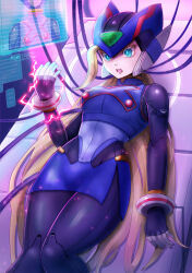 1girl alternate_color android armor bliss_zero_(mega_man) blonde_hair blue_armor blue_eyes blue_helmet breasts cable commentary_request commission copy_x_(mega_man) corruption genderswap genderswap_(mtf) helmet highres holographic_interface kiwakiwa large_breasts long_hair mega_man_(series) mega_man_zero_(series) miniskirt pixiv_commission robot_girl skirt solo svc_chaos zero(z)_(mega_man) zero_(mega_man)