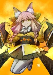 Rule 34 | 152 in can, 1girl, absurdres, animal ear fluff, animal ears, fate/samurai remnant, fate (series), fox ears, fox tail, full body, highres, japanese clothes, kimono, long hair, looking at viewer, orange background, pantyhose, pink hair, short kimono, sketch, sleeves past fingers, sleeves past wrists, smile, solo, tail, tamamo (fate), tamamo aria (fate), white pantyhose, wide sleeves, yellow eyes, yellow kimono