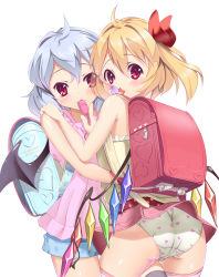 Rule 34 | 2girls, :3, ahoge, alternate costume, ass, backpack, bag, bare shoulders, bat wings, blonde hair, blue hair, cameltoe, clothes lift, contemporary, egg vibrator, flandre scarlet, heart, heart panties, heart print, highres, hug, long hair, looking at viewer, multiple girls, panties, pantyshot, polka dot, print panties, randoseru, red eyes, remilia scarlet, sex toy, short hair, shorts, siblings, side ponytail, sisters, skirt, skirt lift, sleeveless, smile, striped clothes, striped legwear, striped thighhighs, sushoyushi, thighhighs, touhou, underwear, vibrator, white background, white panties, wings