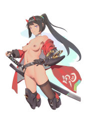Rule 34 | 1girl, bigrbear, black gloves, black hair, black thighhighs, blue eyes, breasts, chinese commentary, cleft of venus, closed mouth, commentary request, fingerless gloves, gloves, green scrunchie, highres, horns, katana, long hair, mechanical arms, mechanical legs, medium breasts, nipples, original, ponytail, pussy, scrunchie, simple background, single horn, single thighhigh, solo, sword, thighhighs, uncensored, weapon, white background
