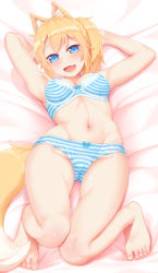Rule 34 | 1girl, animal ear fluff, animal ears, bare arms, bare shoulders, barefoot, bed sheet, blonde hair, blue eyes, blue panties, bow, bow panties, bra, breasts, cameltoe, cleft of venus, fang, feet, fox ears, fox tail, groin, highres, lying, medium breasts, navel, on back, open mouth, original, panties, solo, striped bra, striped clothes, striped panties, tachimi (basue), tail, thigh gap, toes, underwear, underwear only
