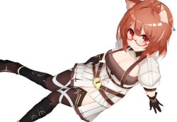 Rule 34 | 1girl, black gloves, boots, breasts, brown hair, cleavage, closed mouth, commentary, feet out of frame, from above, glasses, gloves, large breasts, looking at viewer, miniskirt, nijisanji, orange eyes, pleated skirt, puffy short sleeves, puffy sleeves, ratna petit, red-framed eyewear, red panda ears, shirt, short sleeves, sitting, skirt, smile, solo, tera zip, thighs, virtual youtuber, white shirt, white skirt