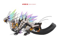 Rule 34 | animal focus, artist name, black sclera, colored sclera, commentary, english commentary, facebook logo, facebook username, fins, frills, from side, full body, head fins, highres, holographic fins, instagram logo, instagram username, making-of available, mecha, mechanization, mizutsune, monster hunter (series), no humans, pixiv logo, pixiv username, robot, simple background, solo, speedpaint, twitter logo, twitter username, white background, xezeno