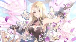 Rule 34 | 1girl, angel, armpits, bare arms, black dress, blonde hair, breasts, commission, dated, dress, gloves, halo, happy birthday, holding, iseria queen, jewelry, kuroi mimei, long hair, looking at viewer, open mouth, signature, skeb commission, sleeveless, smile, solo, star ocean, star ocean the second story, wings