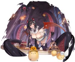 Rule 34 | 1girl, all fours, azur lane, black hair, breasts, cake, cleavage, food, highres, horns, jack-o&#039;-lantern, large breasts, looking at viewer, medium hair, official alternate costume, official art, open mouth, pumpkin, red eyes, royal fortune (azur lane), royal fortune (treats from the deep) (azur lane), smile, tentacles, transparent background, wings