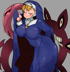 Rule 34 | 1girl, blonde hair, blush, breasts, covered erect nipples, cross, cross necklace, double (skullgirls), extra eyes, closed eyes, grey background, habit, hand up, highres, jewelry, large breasts, leaning forward, monster, monster girl, necklace, nun, red eyes, skullgirls, smile, solo, tentacles, veins, waa153