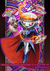 Rule 34 | 1boy, ascot, blue cape, blue coat, blue footwear, cape, coat, copyright notice, cup, cup = gallup, duel masters, food, full body, glowing, glowing eyes, holding, holding plate, holding teapot, macaron, male focus, object head, official art, plate, purple eyes, sharp teeth, solo, sparkle, stained glass, tea, teacup, teapot, teeth, tesshii (riza4828), white ascot