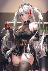 Rule 34 | 1girl, absurdres, alcohol, apron, arm under breasts, azur lane, bare shoulders, black gloves, black thighhighs, breasts, clothing cutout, cup, drinking glass, elbow gloves, gloves, halterneck, highres, indoors, kic ko, large breasts, looking at viewer, maid, maid apron, maid headdress, navel, navel cutout, official alternate costume, prinz eugen (azur lane), prinz eugen (kindred evening spirits) (azur lane), red eyes, thighhighs, thighs, twintails, white hair, wine, wine glass