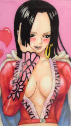 Rule 34 | 1girl, amazon lily, amazon warrior, black hair, boa hancock, breasts, cape, cleavage, female focus, jacket, long hair, one piece, red jacket, solo