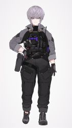 Rule 34 | 1girl, absurdres, alma01, ammunition pouch, blue eyes, bulletproof vest, fang, fanny pack, folding knife, full body, gloves, grey background, gun, hand on own hip, handgun, highres, hood, hoodie, long bangs, mole, mole under eye, original, pants, pants rolled up, pouch, radio, shoes, short hair, sneakers, tactical clothes, turtleneck, weapon, white background, white hair