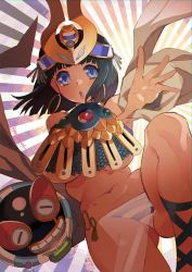 Rule 34 | 1girl, ancient princess menace, arm up, black hair, blue eyes, blunt bangs, breasts, commentary request, crown, egyptian clothes, gluteal fold, groin, hayasaka, headgear, jewelry, knee up, large breasts, looking at viewer, menace (queen&#039;s blade), menace (queen's blade), navel, open mouth, outstretched arm, panties, pelvic curtain, queen&#039;s blade, revealing clothes, ring, sandals, scepter, setra, shawl, short hair, striped clothes, striped panties, thighs, toned, underboob, underwear