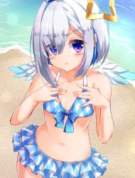 Rule 34 | 1girl, absurdres, amane kanata, angel wings, beach, bikini, blush, bob cut, breasts, collarbone, colored inner hair, commentary request, hair over one eye, halo, highres, hololive, looking at viewer, multicolored hair, navel, pout, purple eyes, short hair, silver hair, single hair intake, small breasts, solo, star halo, swimsuit, virtual youtuber, wings, yukikawa sara