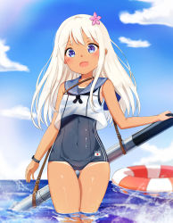Rule 34 | 1girl, absurdres, bad id, bad pixiv id, blonde hair, blue eyes, blue sky, cloud, crop top, day, flower, hair flower, hair ornament, highres, kantai collection, lifebuoy, ocean, one-piece swimsuit, one-piece tan, open mouth, ro-500 (kancolle), school swimsuit, sky, smile, solo, swim ring, swimsuit, swimsuit under clothes, tan, tanline, torpedo, water, xue lu